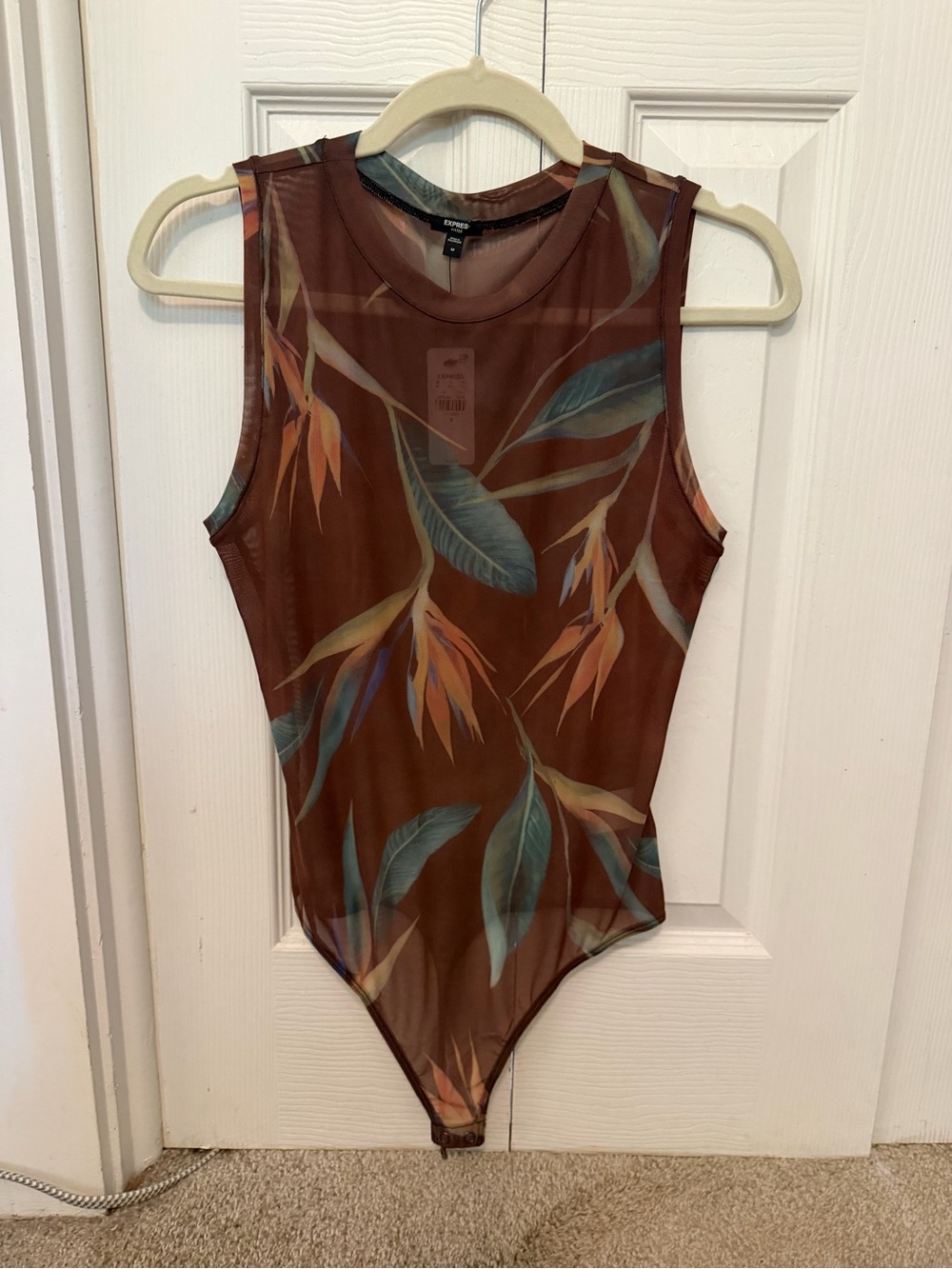 Express Sheer Tropical Print Bodysuit - Brown with Teal & Orange Leaves